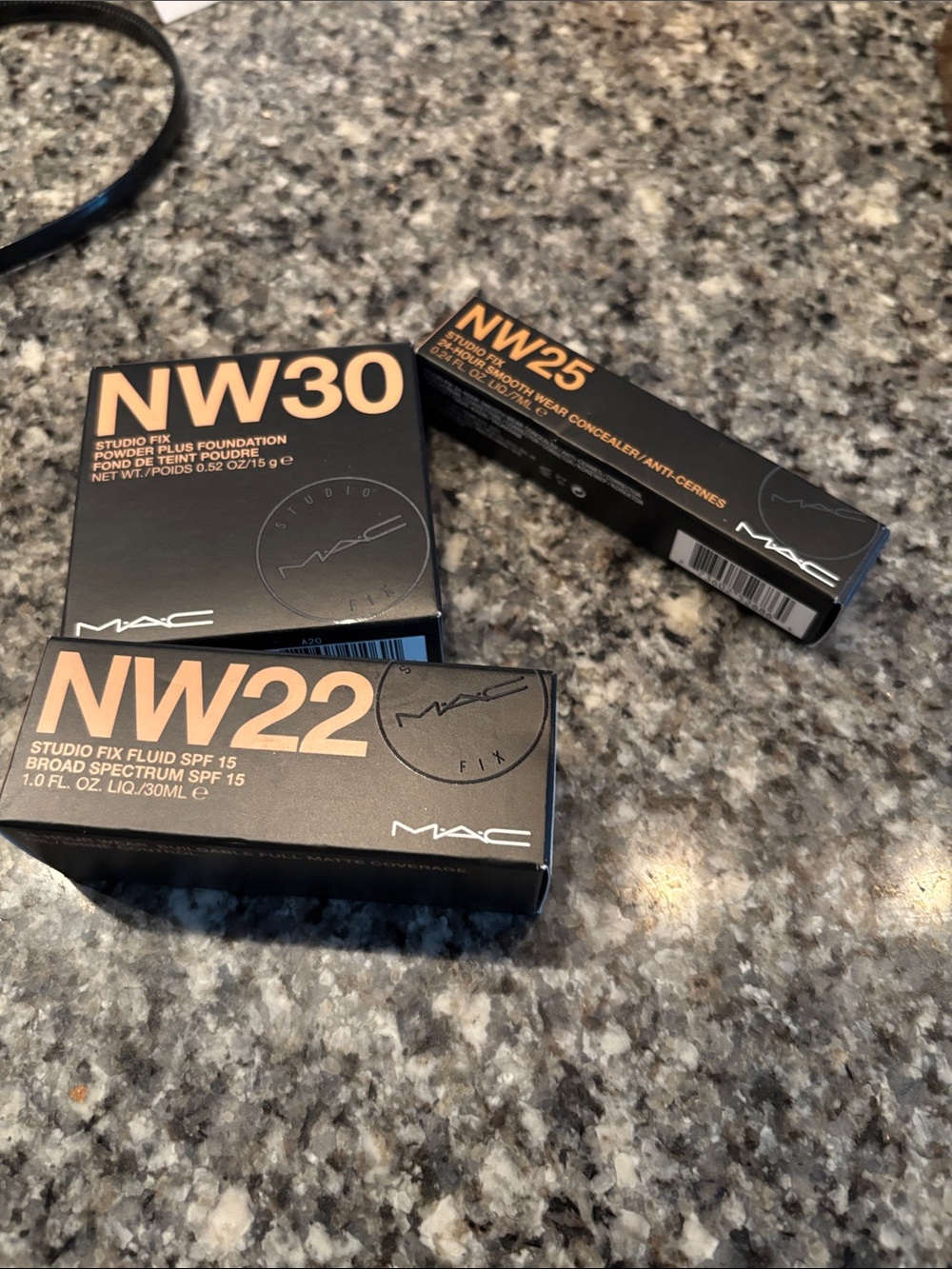 MAC NW foundation, concealer, spf studio fix